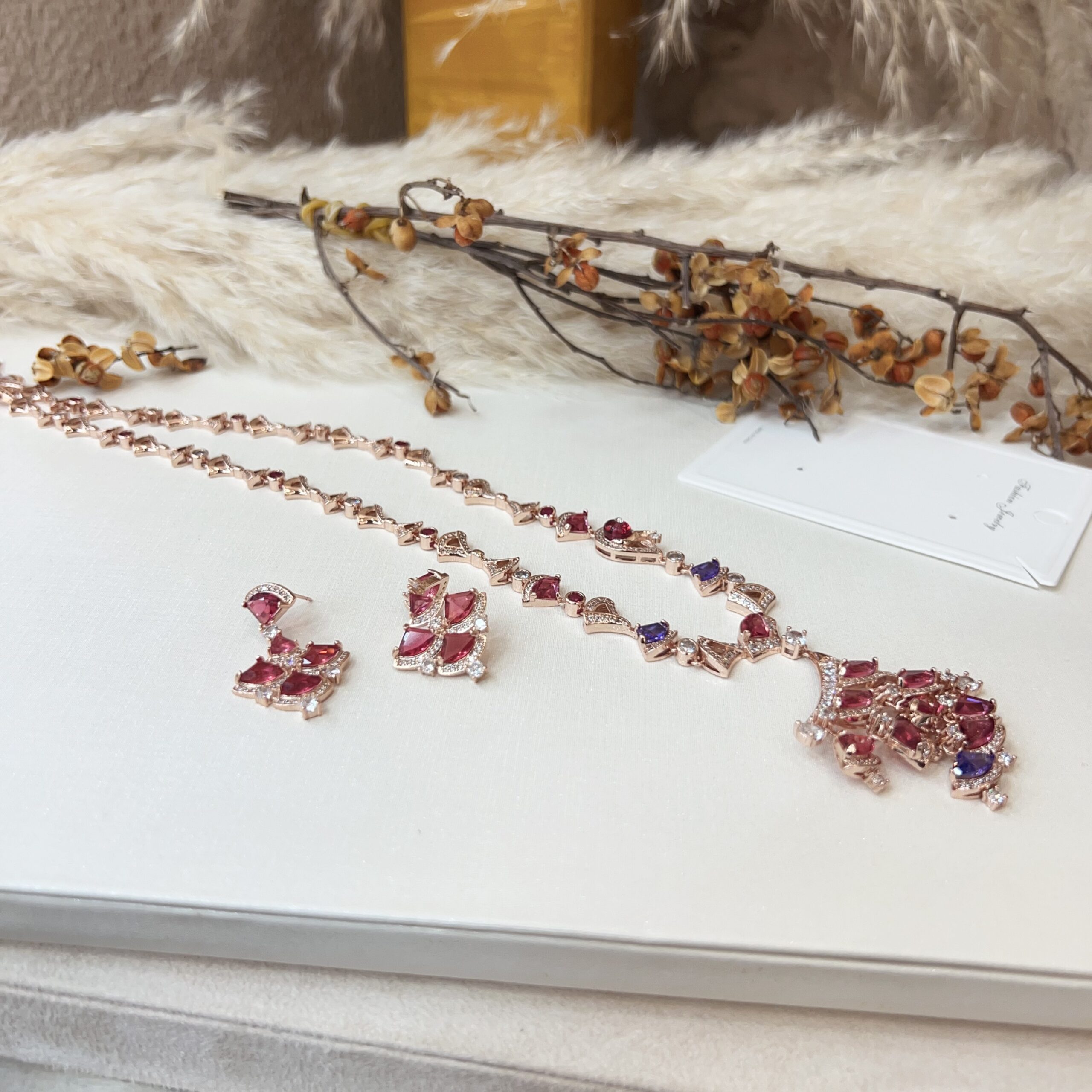 #N00303 Rose Gold Tone Triangle Pink Gemstone Jewelry Set, Multi-Color Pink & Purple Cubic Zirconia Statement Necklace & Drop Earrings, Luxury Wedding Banquet Bridal Jewelry for Women