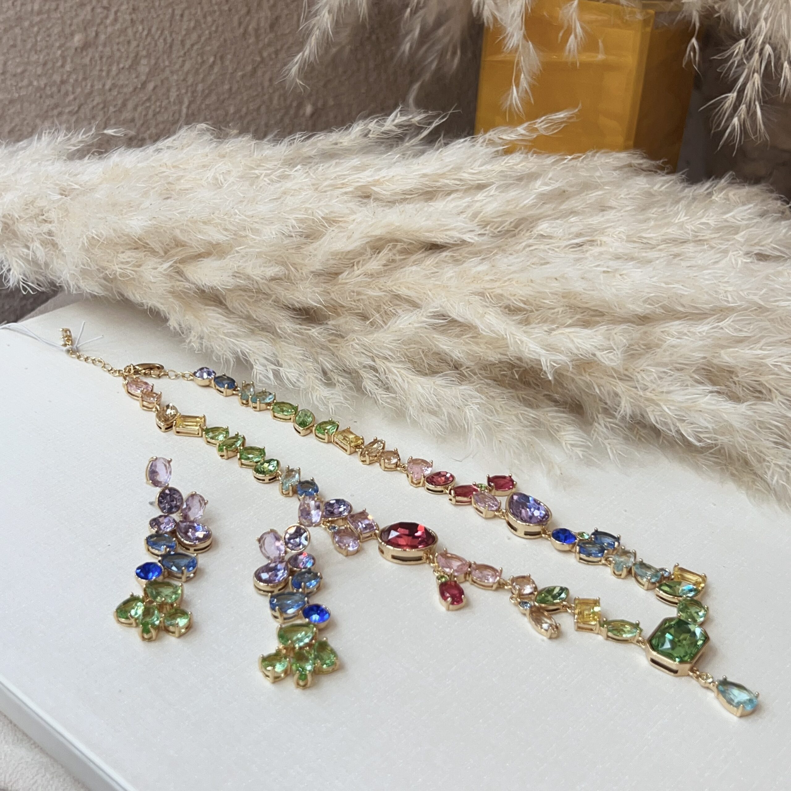 #N00872 Gold Tone Multi Shape Mixed Color Simulated Gemstone Jewelry Set, Rainbow Cubic Zirconia Long Drop Necklace & Fringe Dangle Earrings, Luxury Formal Party Bridal Jewelry for Women