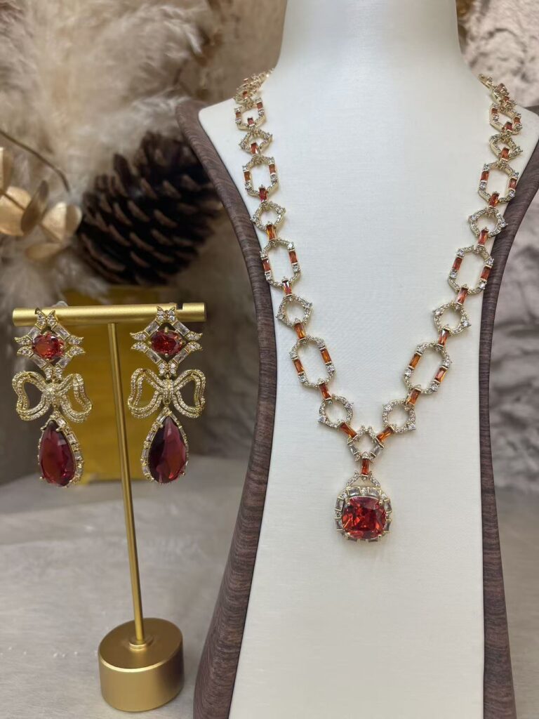 #N38 Gold Tone Vintage Ruby Red Cubic Zirconia Jewelry Set, Hollow Link Pendant Necklace & Bow Pear Gemstone Drop Earrings, Luxury Royal Banquet Bridal Jewelry for Women