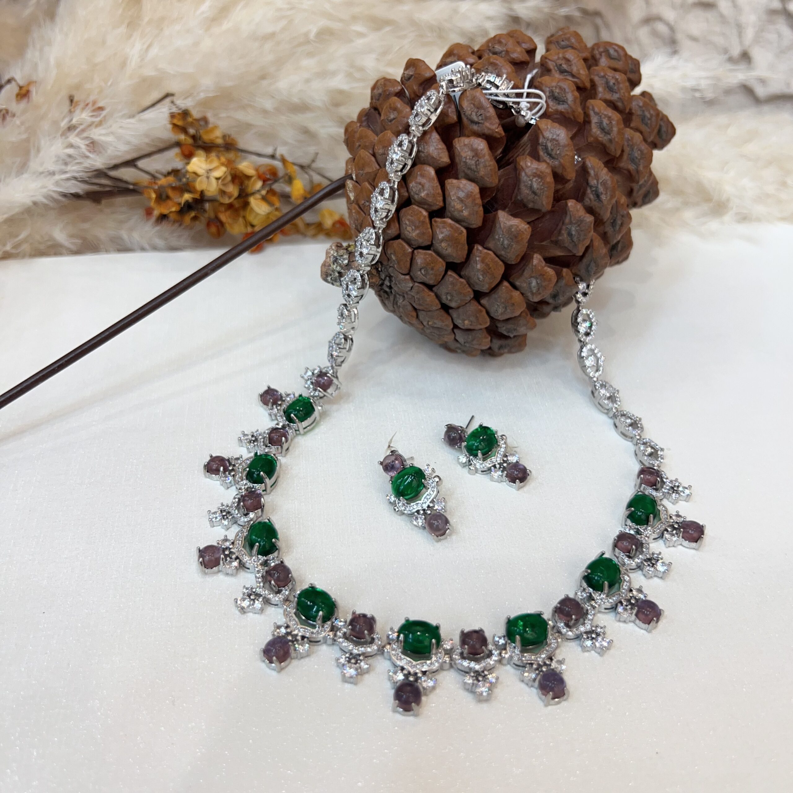 #N36 Silver Tone Emerald & Purple Gemstone Fringe Jewelry Set, Oval Green Simulated Emerald Cubic Zirconia Statement Necklace & Drop Earrings, Luxury Banquet Bridal Jewelry for Women