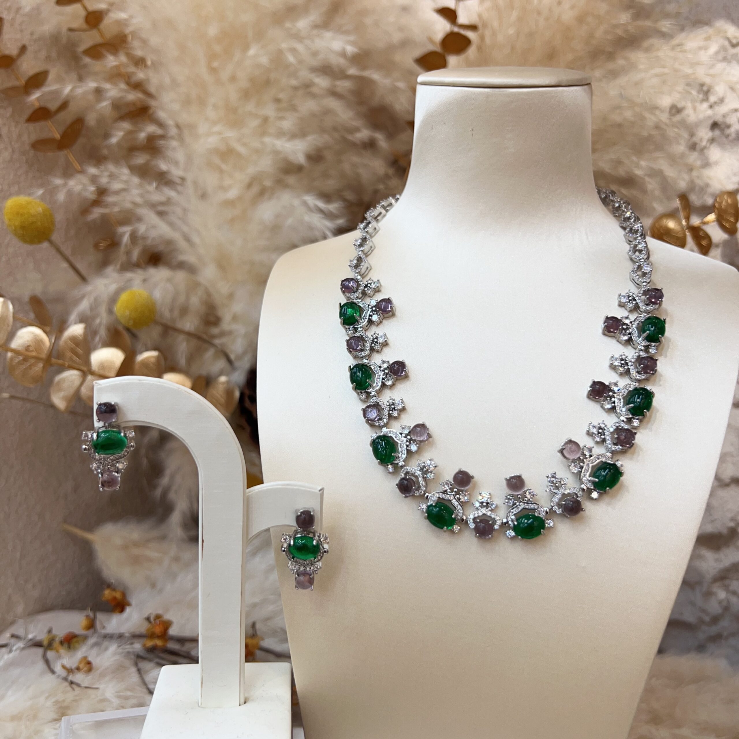 #N36 Silver Tone Emerald & Purple Gemstone Fringe Jewelry Set, Oval Green Simulated Emerald Cubic Zirconia Statement Necklace & Drop Earrings, Luxury Banquet Bridal Jewelry for Women - 图片 3