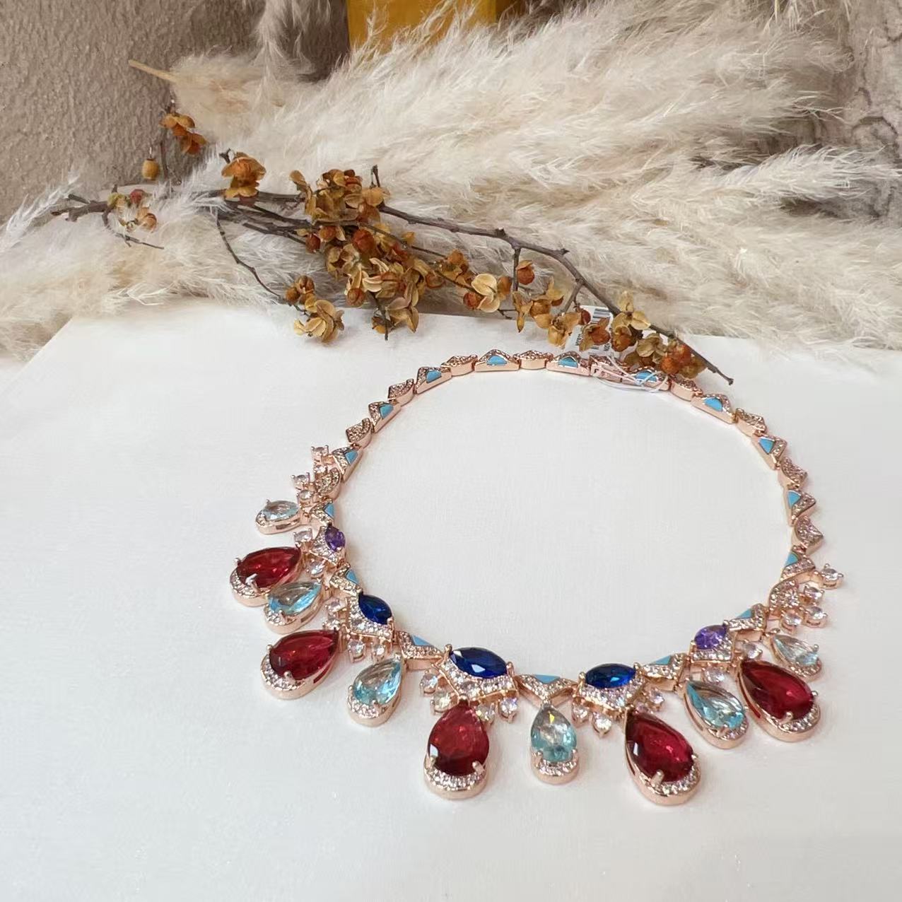 #N00932 Rose Gold Tone Enamel Multi-Color Gemstone Jewelry Set, Pear Cut Ruby Sapphire Topaz Cubic Zirconia Statement Necklace & Drop Earrings, Luxury Evening Banquet Bridal Jewelry for Women - 图片 2