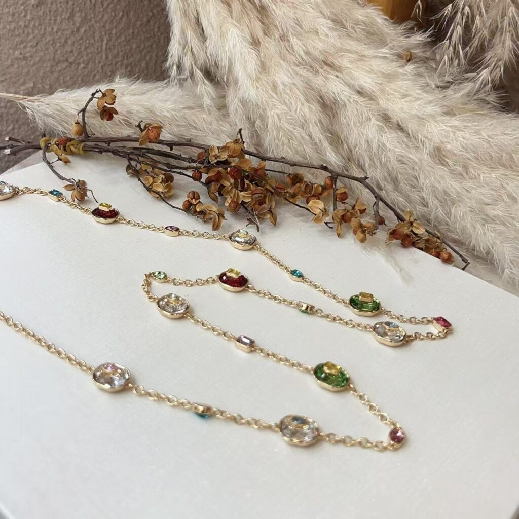 #N00074 Gold Tone Multi-Color Mixed Cut Simulated Gemstone Long Station Necklace, Wrapable 2 Ways Layerable Rainbow Crystal Long Chain Necklace for Women