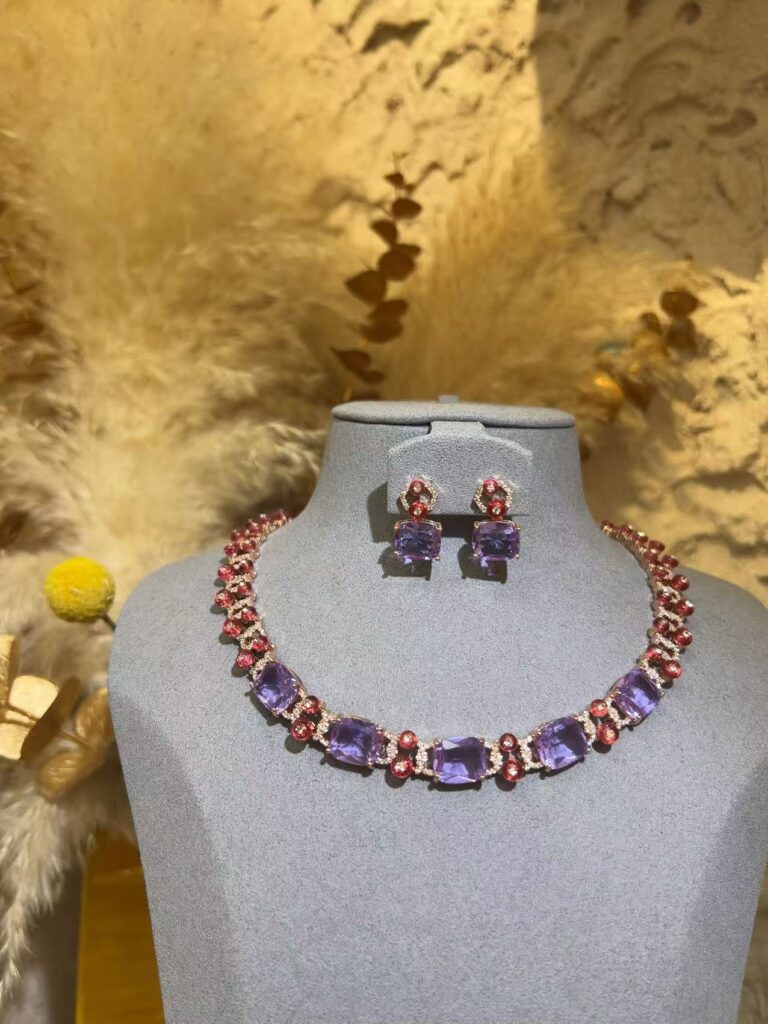 #N00718 Rose Gold Tone Simulated Amethyst & Garnet Cubic Zirconia Jewelry Set, Emerald Cut Statement Choker Necklace & Drop Earrings, Luxury Formal Banquet Bridal Jewelry for Women
