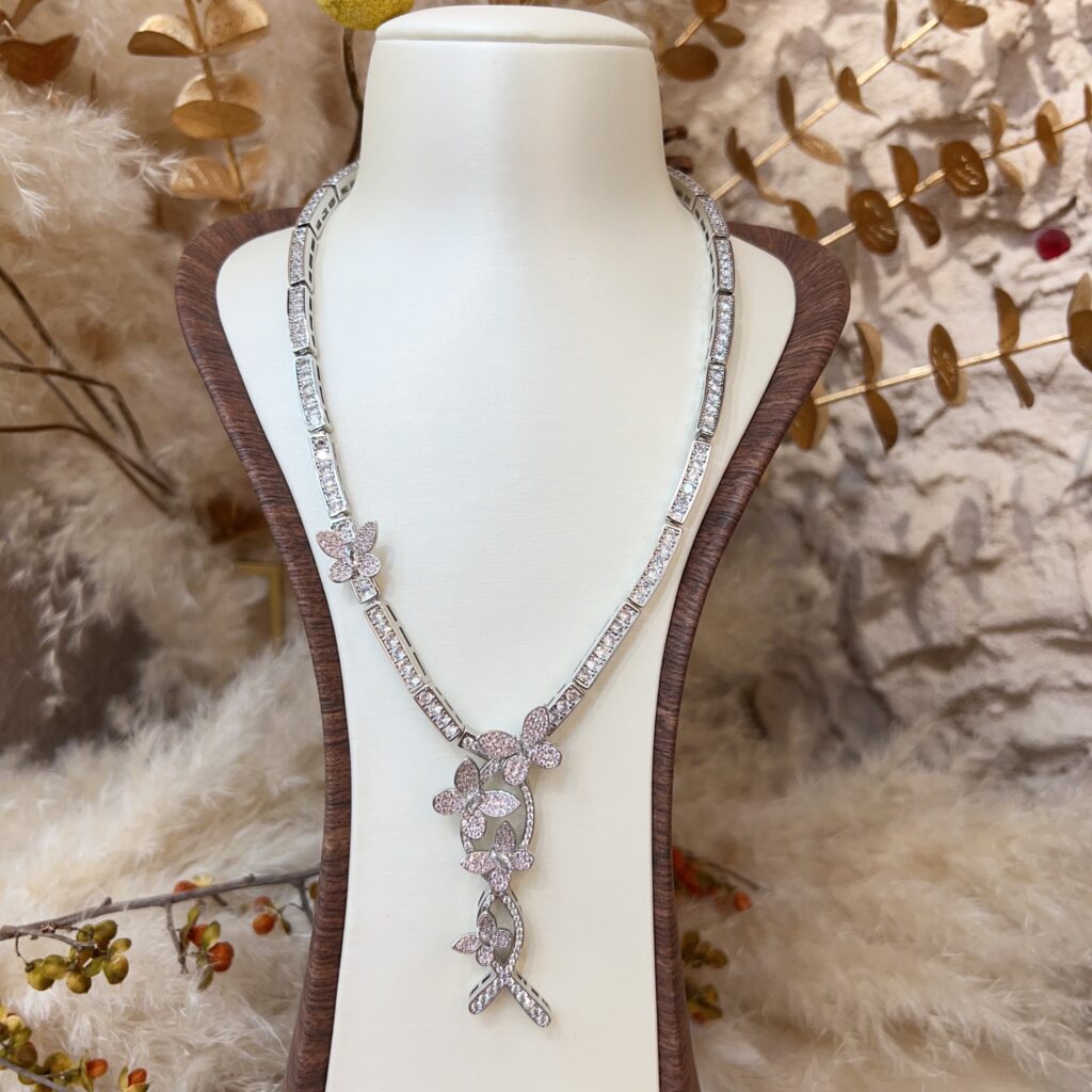 #N00859 Pink Cubic Zirconia Butterfly Jewelry Set, Sparkling Paved Crystal Statement Necklace & Butterfly Stud Earrings, Luxury Wedding Banquet Bridal Jewelry for Women