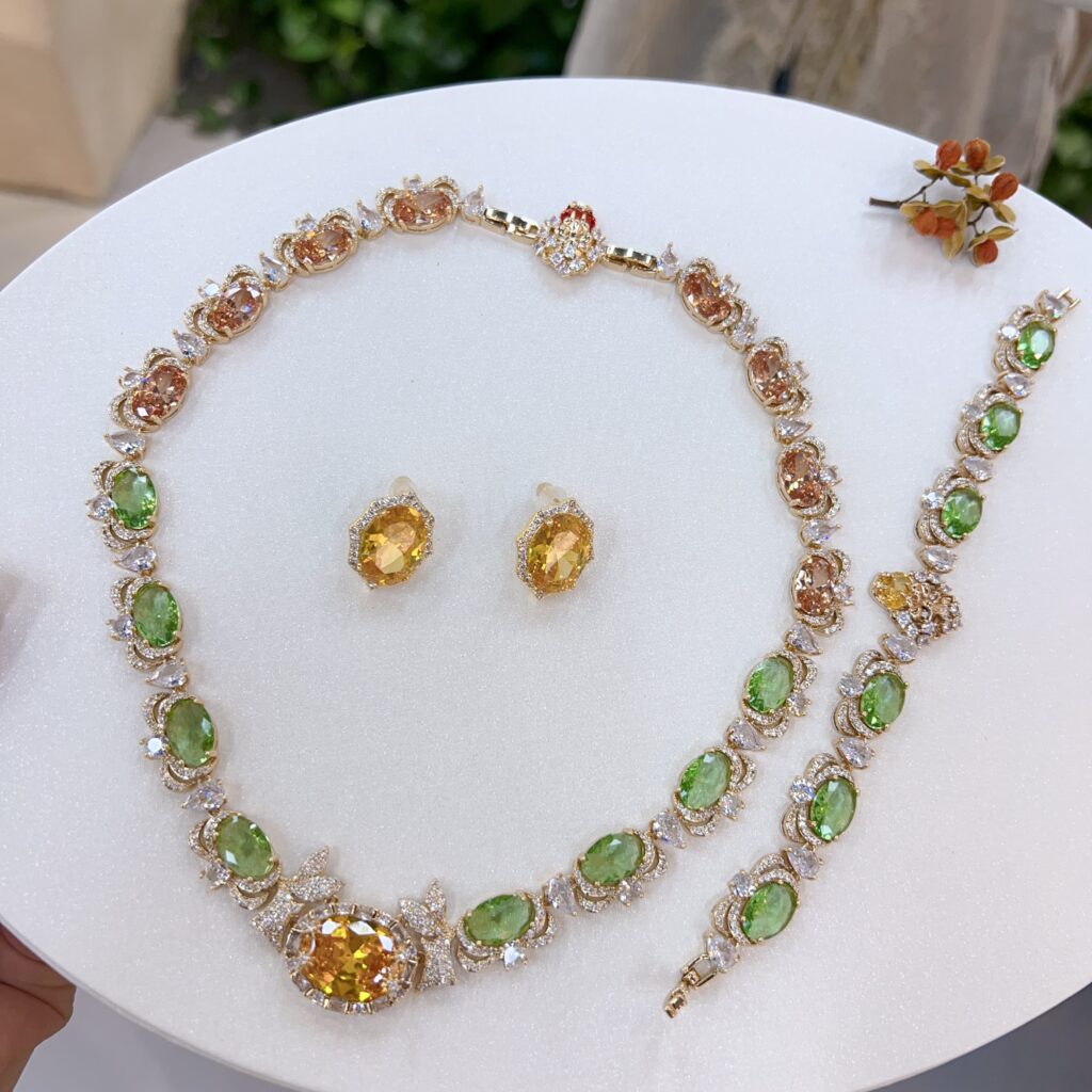 #N00275 Oval Mixed Gemstone 3-Piece Jewelry Set, Peridot & Champagne Cubic Zirconia Necklace, Stud Earrings & Bracelet, Luxury Bridal Wedding Banquet Jewelry for Women