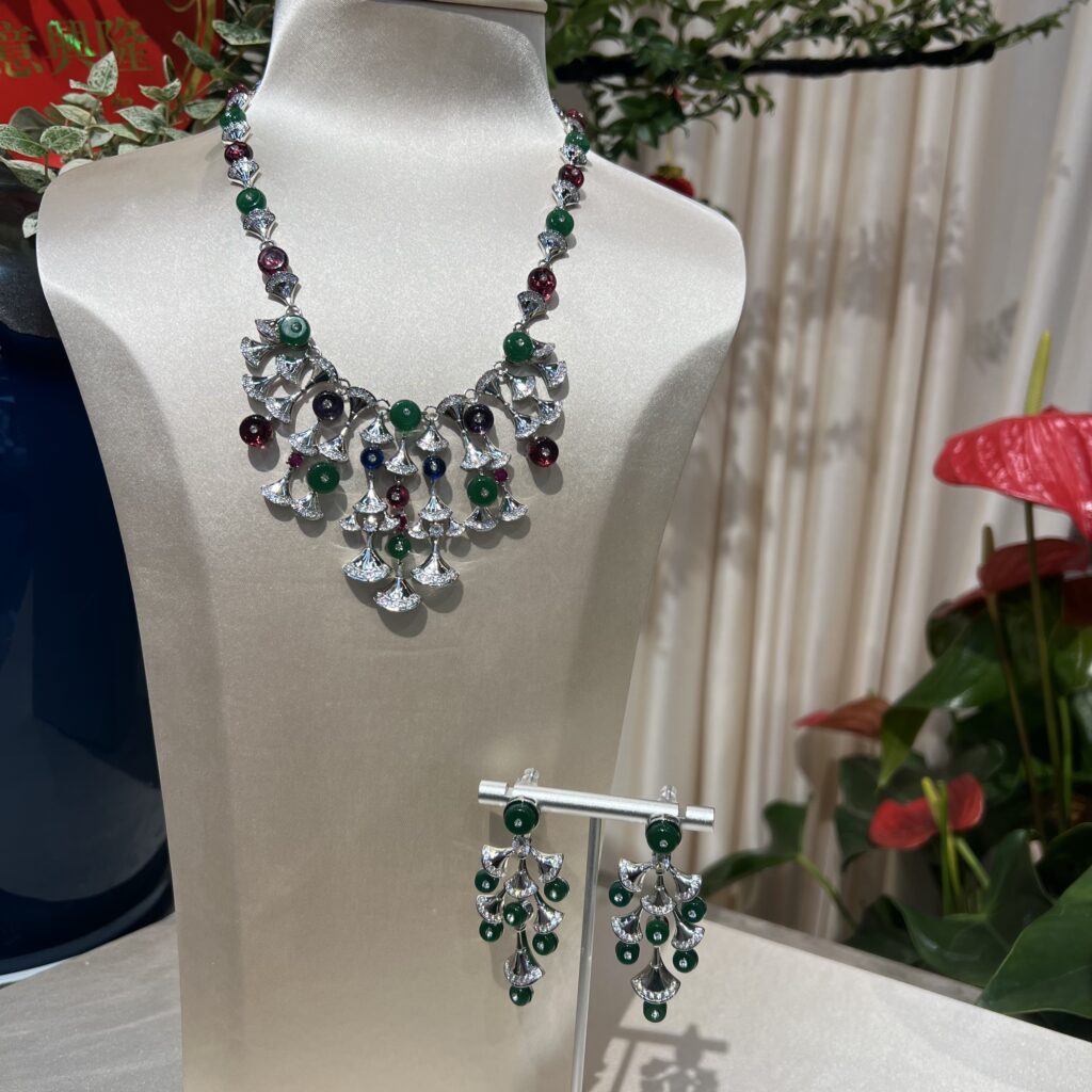 #N00370 Fan Shaped Multicolor Round Gemstone Tassel Jewelry Set, Hollow Cubic Zirconia Statement Necklace & Drop Earrings, Luxury Bridal Wedding Banquet Jewelry for Women