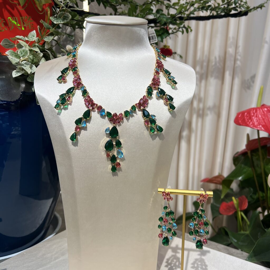 #N00432 Pear Shaped Multicolor Gemstone Tassel Jewelry Set, Vine Leaf Cubic Zirconia Statement Necklace & Long Drop Earrings, Luxury Bridal Wedding Banquet Jewelry for Women