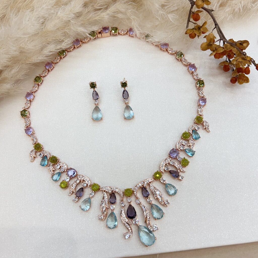 #N00831 Rose Gold Tone Multi-Color Gemstone Fringe Jewelry Set, Mixed Pear & Oval Cut Rainbow Cubic Zirconia Statement Necklace & Drop Earrings, Luxury Wedding Banquet Jewelry for Women
