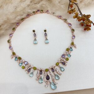 #N00831 Rose Gold Tone Multi-Color Gemstone Fringe Jewelry Set, Mixed Pear & Oval Cut Rainbow Cubic Zirconia Statement Necklace & Drop Earrings, Luxury Wedding Banquet Jewelry for Women