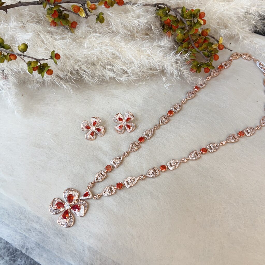 #N00773 Four-Leaf Clover Floral Jewelry Set, Rose Gold Tone Heart Shaped Orange Gemstone Cubic Zirconia Statement Necklace & Stud Earrings, Luxury Wedding Banquet Jewelry for Women