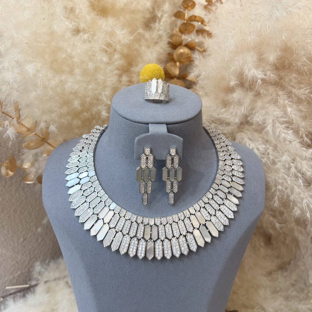 #N00291 Geometric Shield Cubic Zirconia Jewelry Set, Art Deco Collar Statement Necklace, Drop Earrings & Ring, Luxury Bridal Wedding Banquet Jewelry for Women