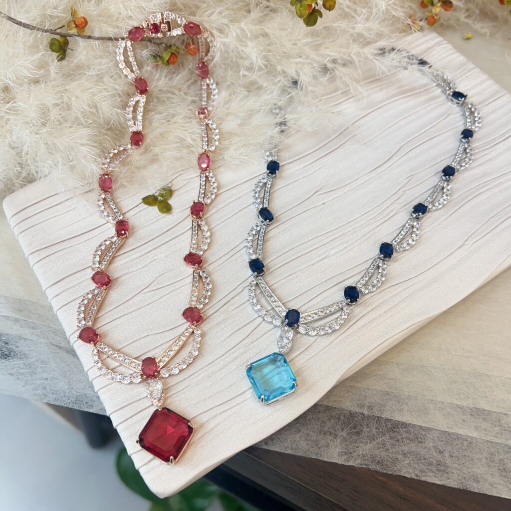 #N00827 Oval Gemstone Wavy Link Statement Necklace, Square Cut Cubic Zirconia Pendant Choker, Luxury Formal Wedding Banquet Jewelry for Women