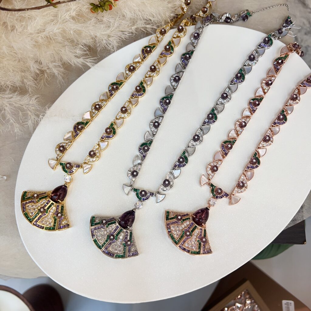 #N00562 Vintage Enamel Fan Pendant Necklace, Teardrop Purple Simulated Gemstone Cubic Zirconia Chain Necklace, Luxury Bohemian Banquet Jewelry for Women