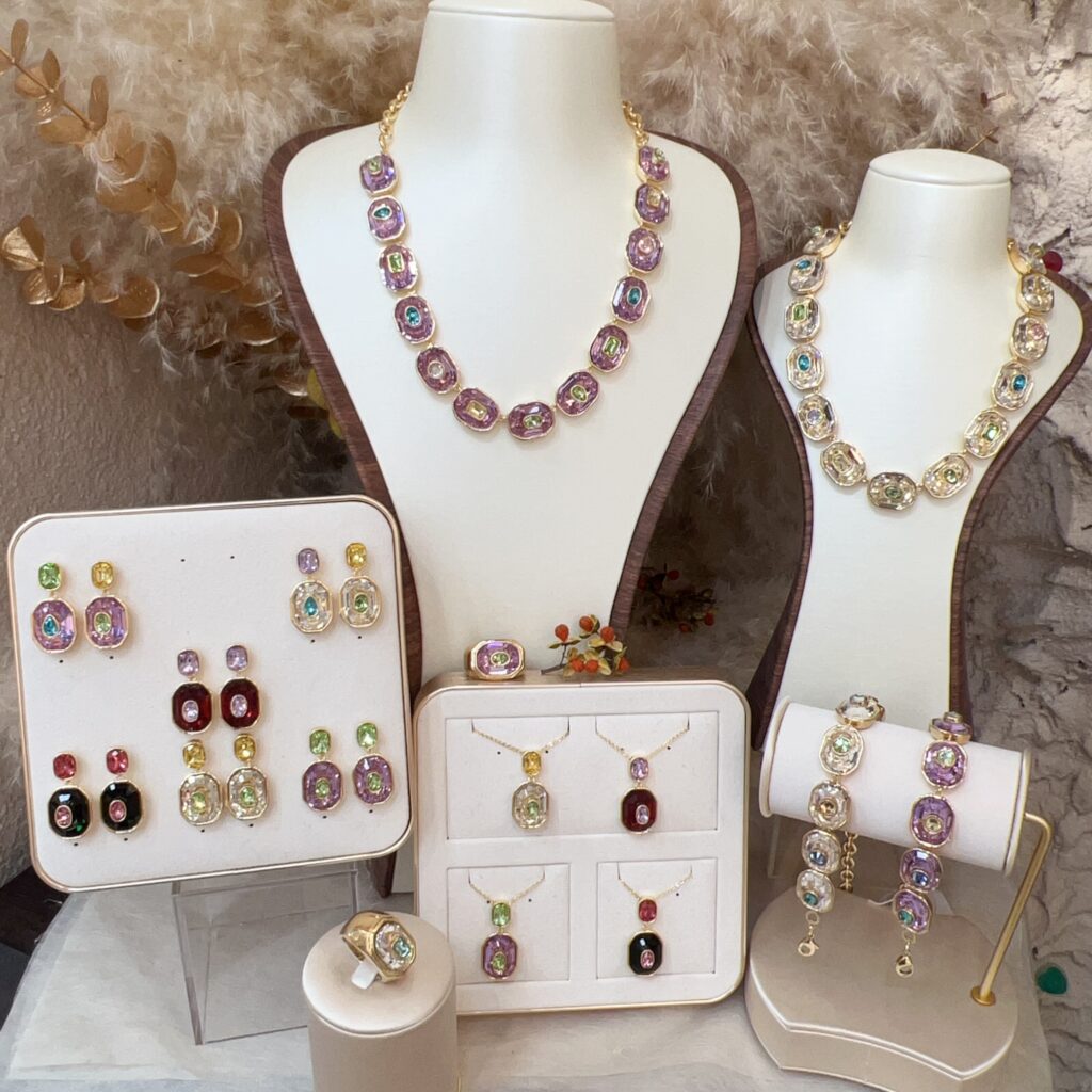 #N34 Vintage Oval Multi-Color Gemstone Jewelry Collection, Gold Tone Bezel Set Simulated Crystal Necklace Earrings Bracelet Ring Pendant, Retro Daily Banquet Jewelry for Women
