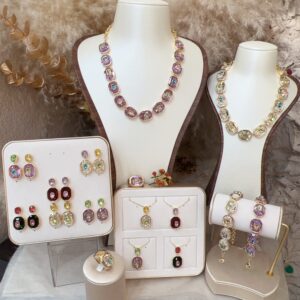 #N34 Vintage Oval Multi-Color Gemstone Jewelry Collection, Gold Tone Bezel Set Simulated Crystal Necklace Earrings Bracelet Ring Pendant, Retro Daily Banquet Jewelry for Women