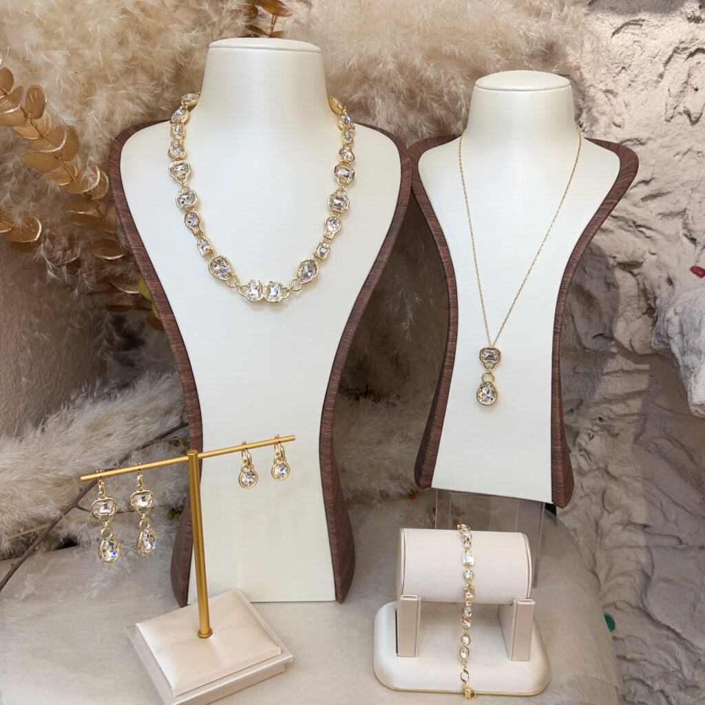 #N35 Gold Tone Bezel Set Oval Clear Cubic Zirconia Jewelry Collection, Crystal Choker Necklace Long Pendant Necklace Drop Earrings Bracelet, Elegant Daily Bridal Jewelry for Women