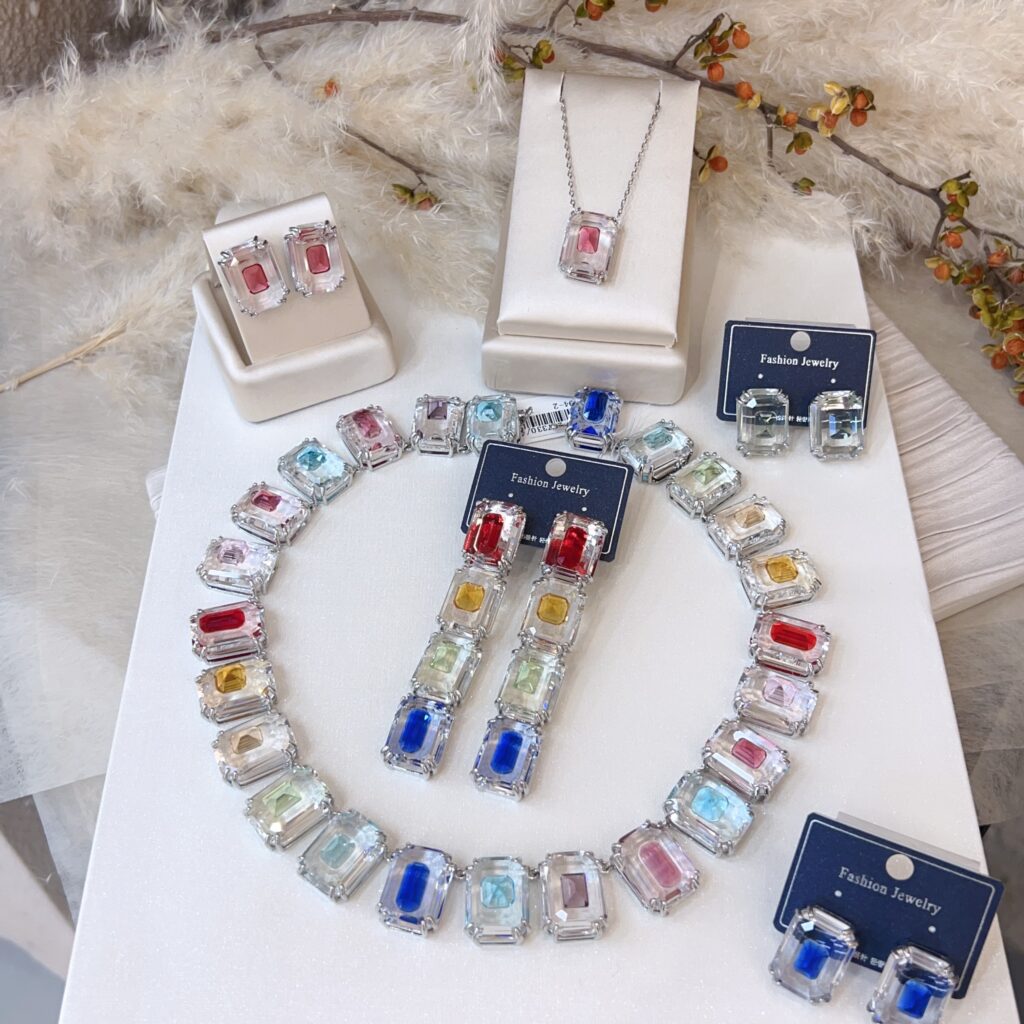 #N16 Emerald Cut Rainbow Multi-Color Gemstone Jewelry Set, Cubic Zirconia Statement Necklace & Long Drop Earrings, Luxury Bridal Wedding Banquet Jewelry for Women