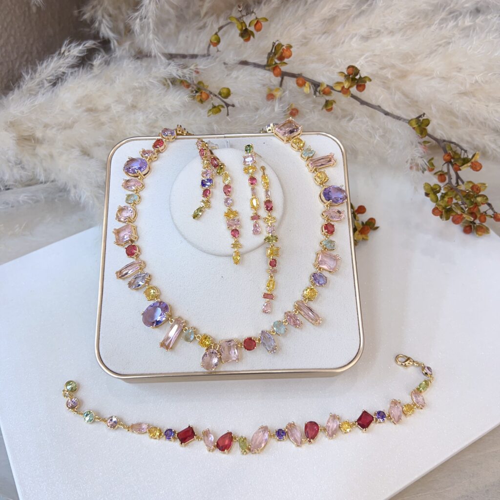 #N23 Mixed Cut Rainbow Multi-Color Gemstone 3-Piece Jewelry Set, Gold Tone Cubic Zirconia Necklace, Long Drop Earrings & Bracelet, Luxury Banquet Wedding Jewelry for Women
