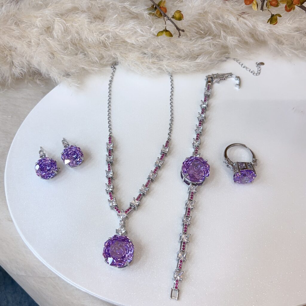 #N22 Round Rose Cut Simulated Amethyst 4-Piece Jewelry Set, Cubic Zirconia Necklace, Bracelet, Stud Earrings & Ring, Luxury Bridal Wedding Banquet Jewelry for Women