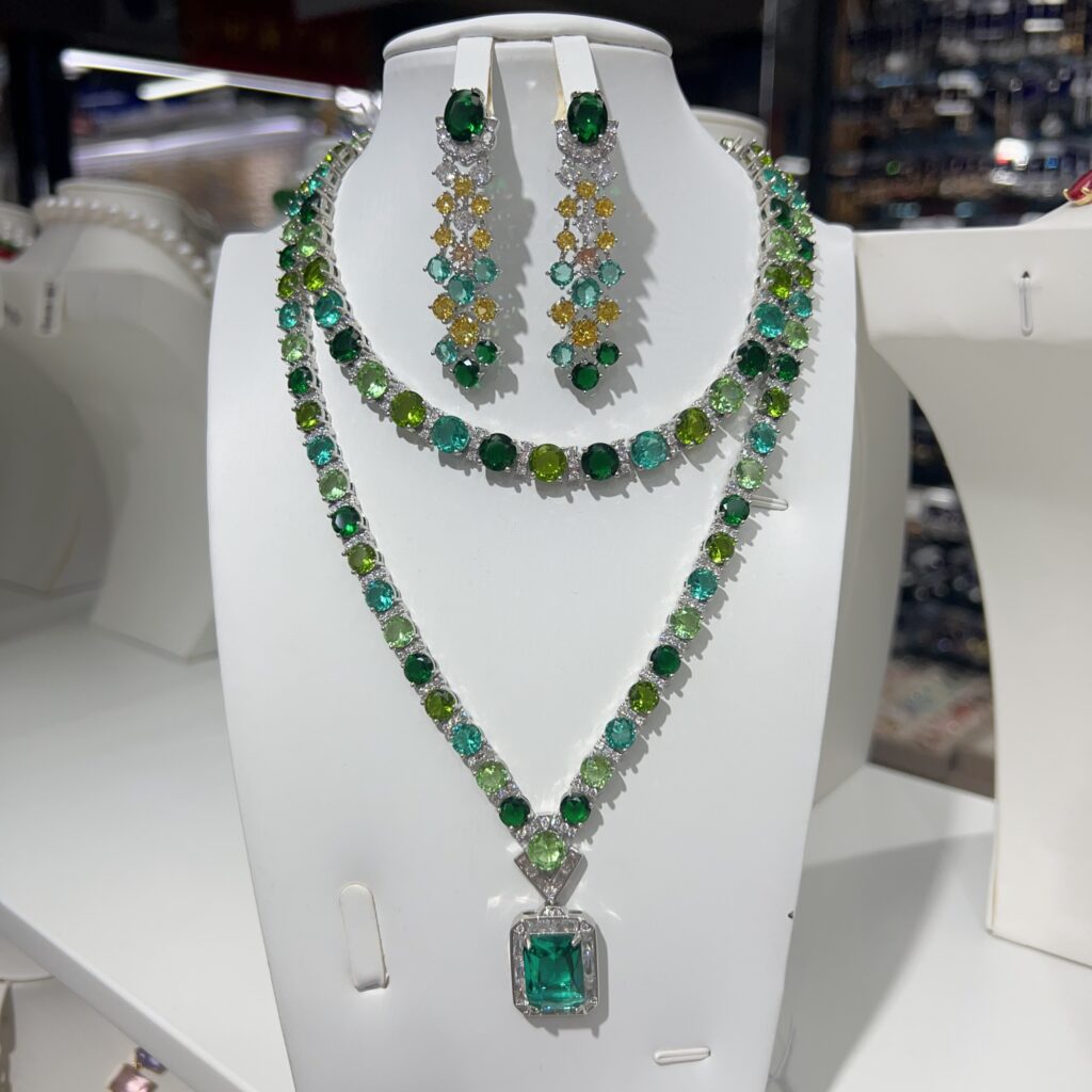 #N00596 Gradient Multicolor Gemstone Double Layer Jewelry Set, Rectangle Cut Cubic Zirconia Pendant Necklace & Drop Earrings, Luxury Bridal Evening Banquet Jewelry for Women