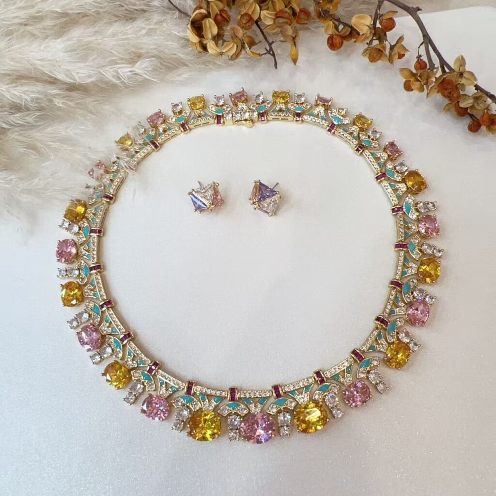 Irregular Choker With Pink Gems, Luxury Oil‑Drip Craft High‑End Clavicle Chain Evening Jewelry For Women#N00640