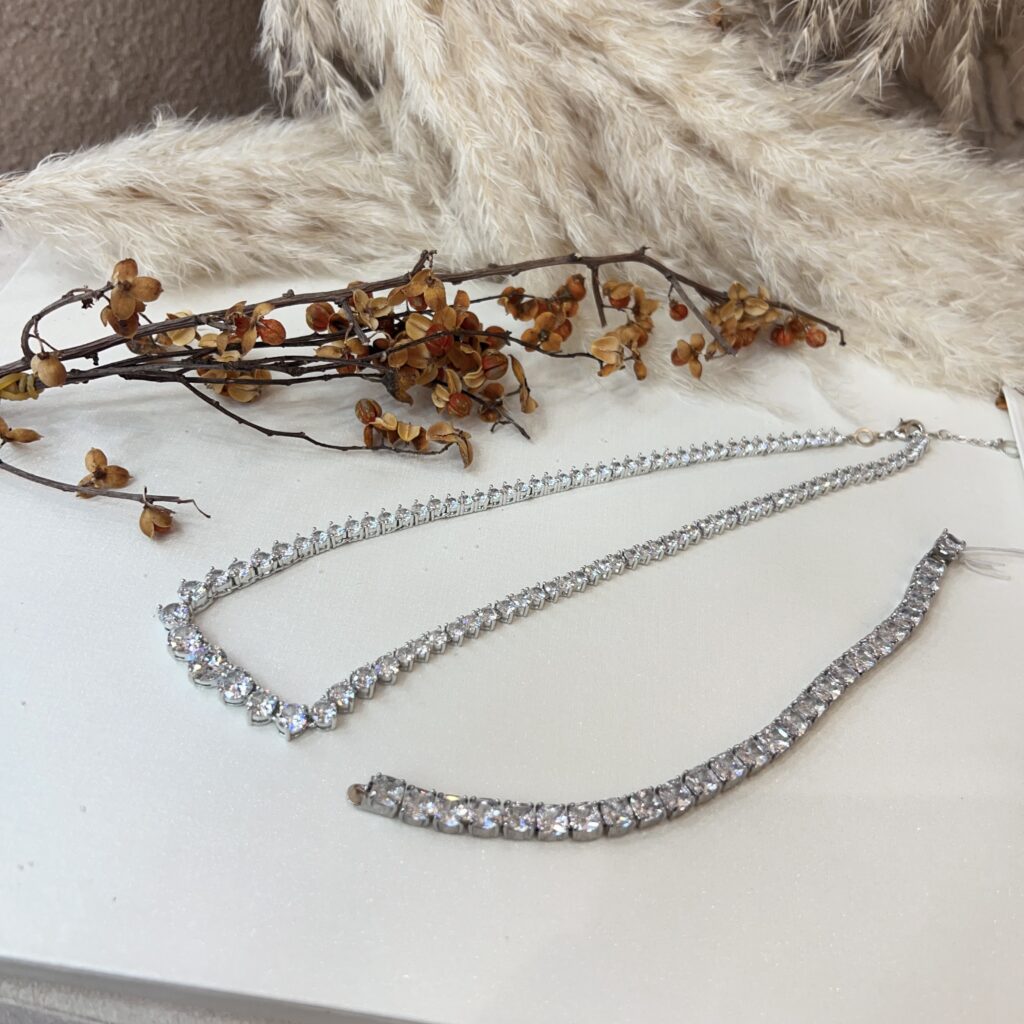 #N00984 Silver Tone Mixed Cut Cubic Zirconia Tennis Necklace,bracelet Sparkling Simulated Diamond Wedding Bridal Statement Necklace for Women