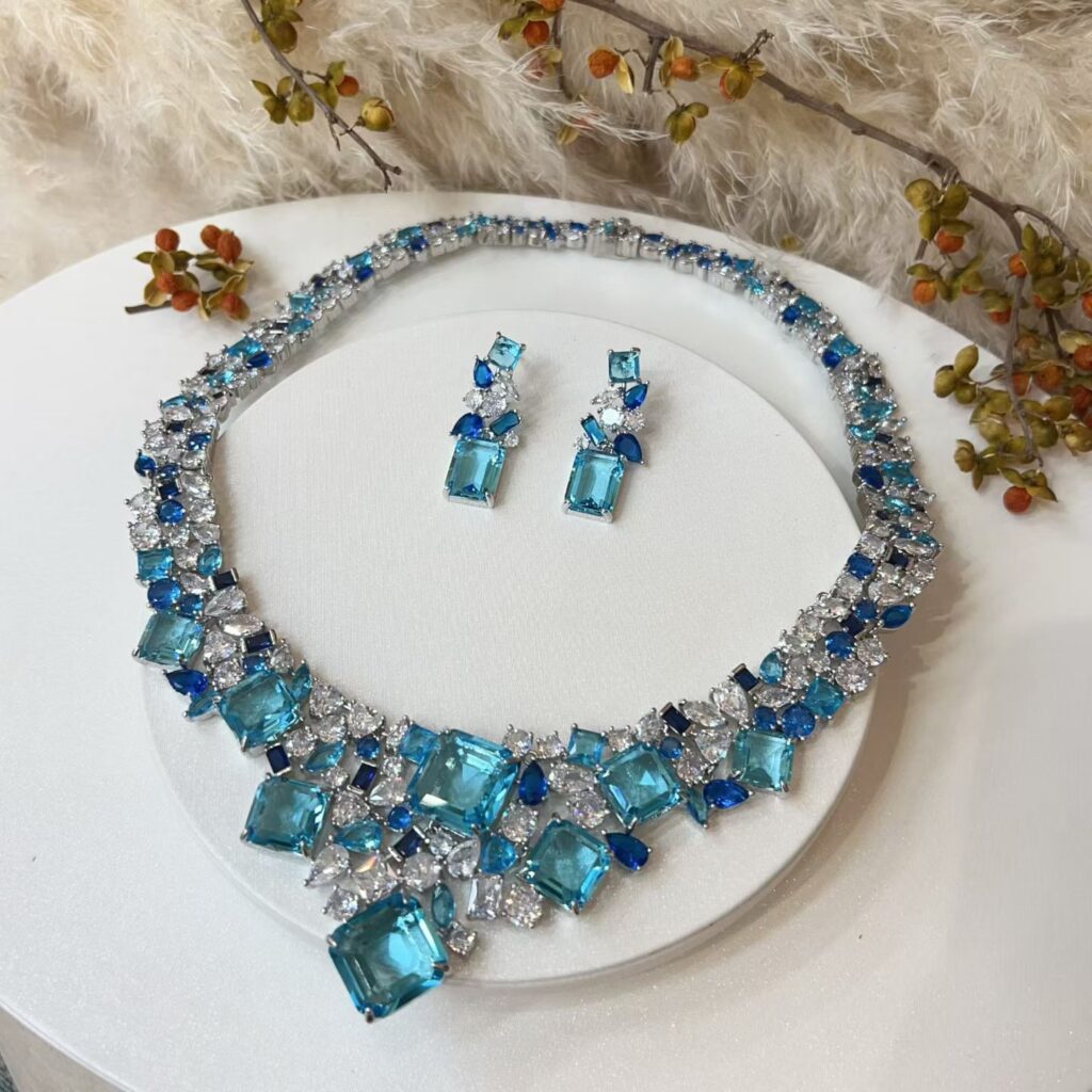 #N00857 Silver Tone Simulated Blue Topaz Multi-Tone Blue Cubic Zirconia Jewelry Set, Emerald Cut Statement Choker Necklace & Drop Earrings, Luxury Formal Banquet Bridal Jewelry for Women