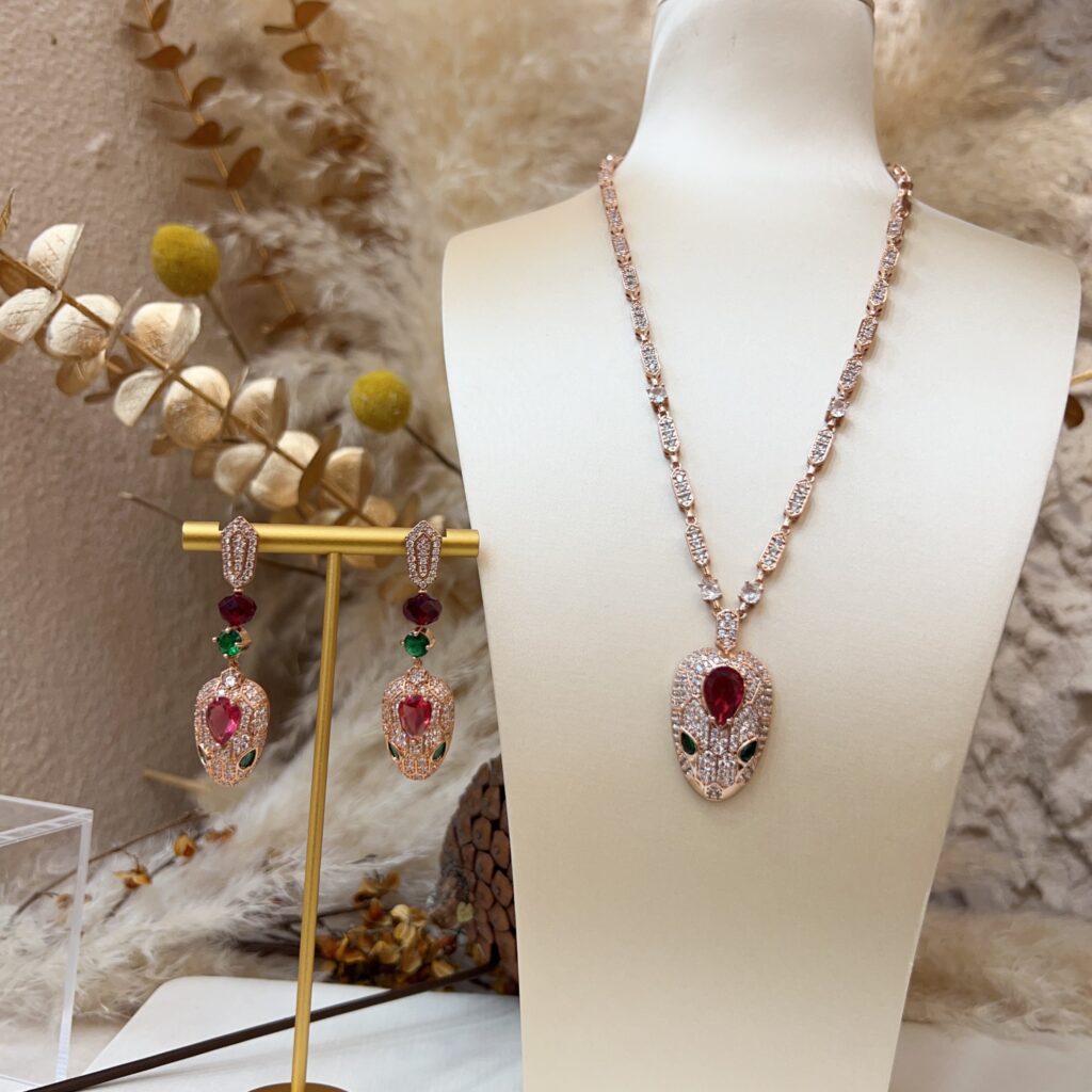 #N41 Rose Gold Tone Snake Head Gemstone Jewelry Set, Simulated Ruby & Emerald Cubic Zirconia Pendant Necklace & Drop Earrings, Luxury Serpent Evening Party Jewelry for Women