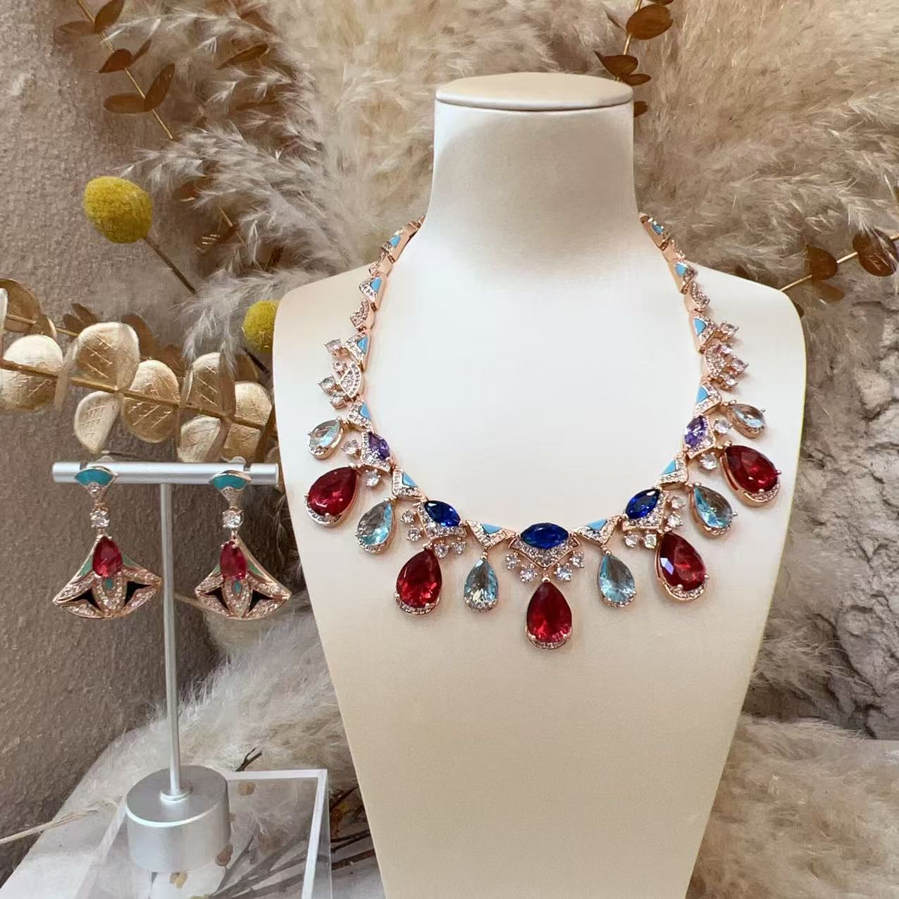#N00932 Rose Gold Tone Enamel Multi-Color Gemstone Jewelry Set, Pear Cut Ruby Sapphire Topaz Cubic Zirconia Statement Necklace & Drop Earrings, Luxury Evening Banquet Bridal Jewelry for Women