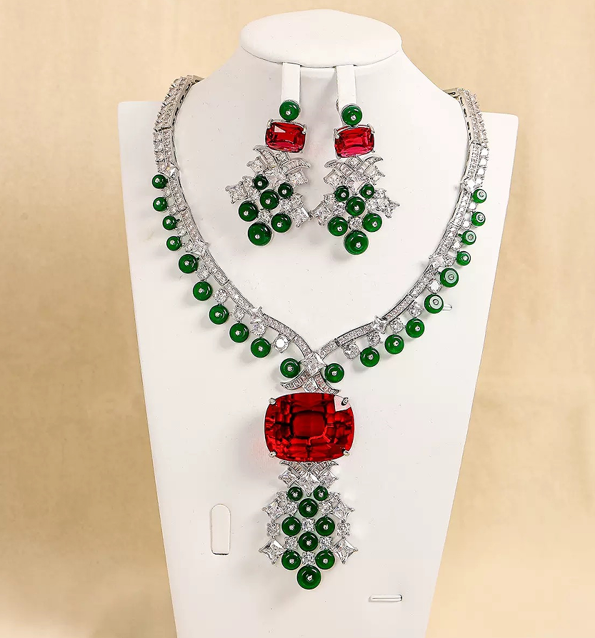 #N00387 Cushion Cut Simulated Ruby Jewelry Set, Cabochon Round Green Gemstone Tassel Statement Necklace & Drop Earrings, Luxury Bridal Wedding Banquet Jewelry for Women
