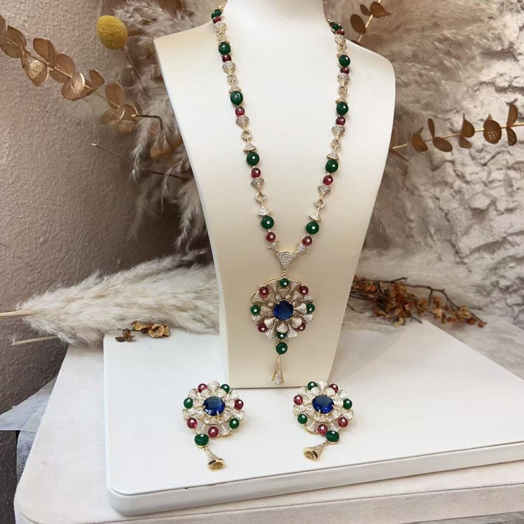 #N00369 Gold Tone Vintage Multi Color Simulated Gemstone Jewelry Set, Long Strand Pendant Necklace & Tassel Drop Earrings, Ethnic Floral Cubic Zirconia Bridal Formal Jewelry for Women