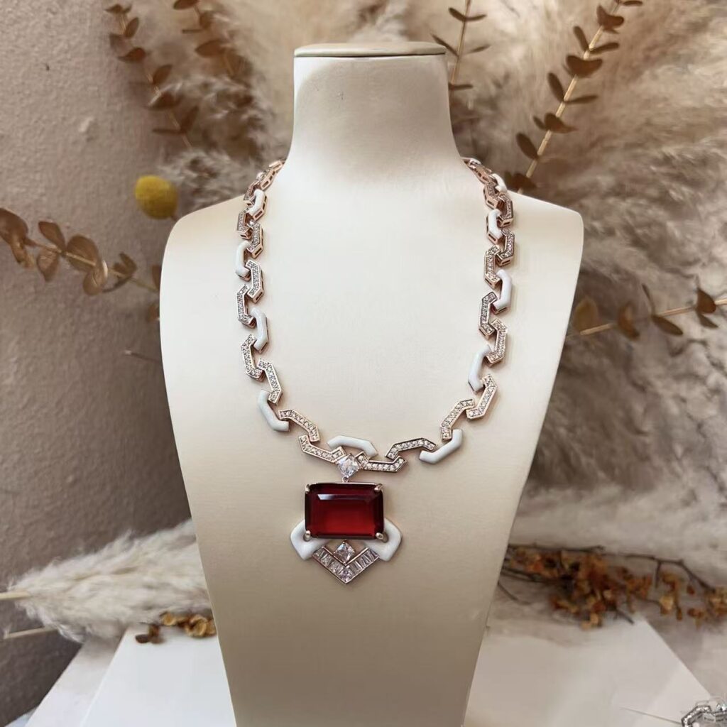 #N00839 Rose Gold Tone White Enamel Link Chain Necklace, Rectangle Simulated Ruby Pendant Cubic Zirconia Statement Necklace for Women