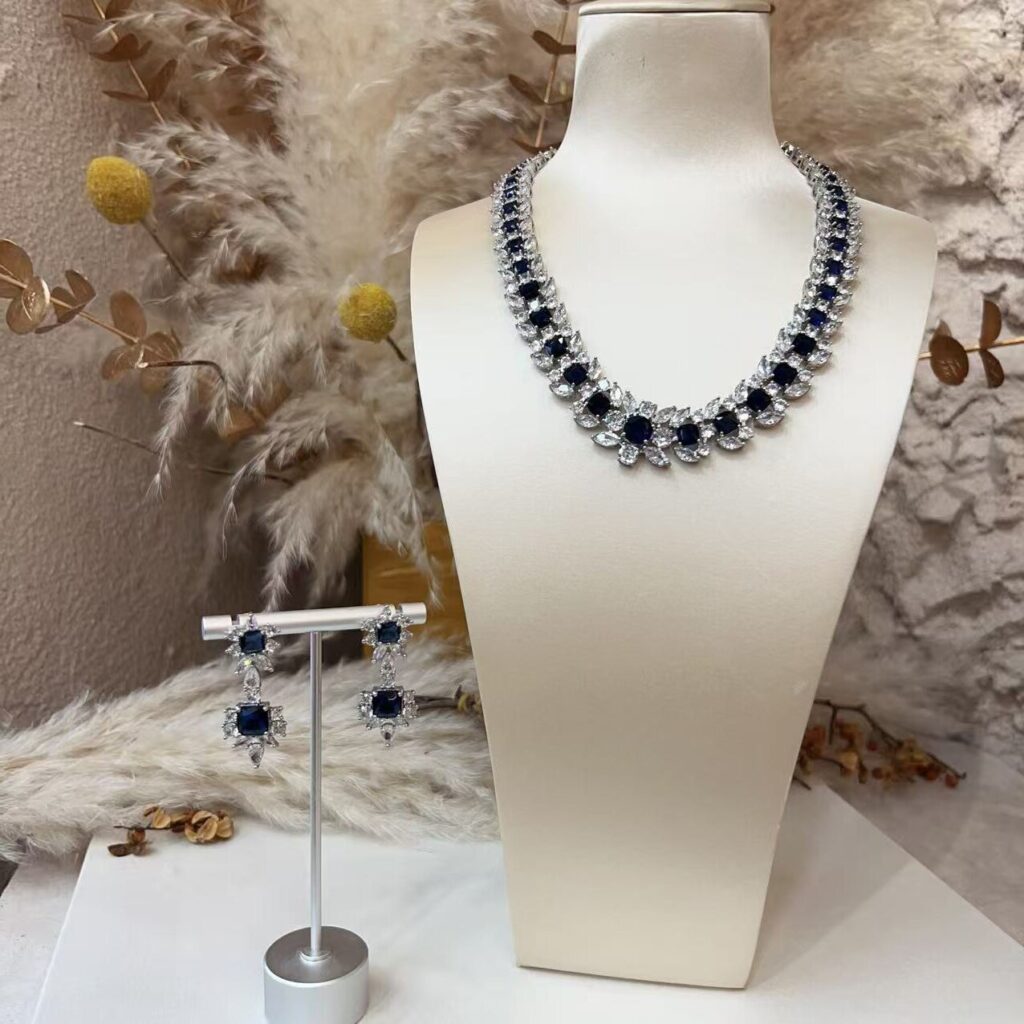 #N00560 Silver Tone Simulated Dark Blue Sapphire Cubic Zirconia Jewelry Set, Statement Choker Necklace & Square Drop Earrings Luxury Formal Bridal Jewelry for Women