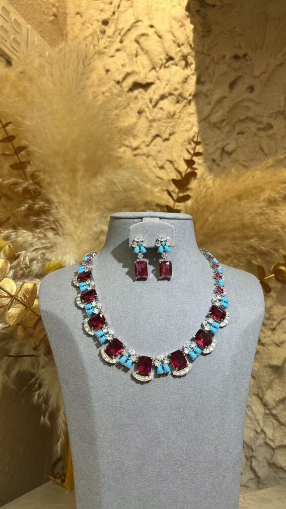 #N00289 Silver Tone Simulated Garnet & Turquoise Cubic Zirconia Jewelry Set, Emerald Cut Statement Choker Necklace & Drop Earrings, Luxury Formal Banquet Bridal Jewelry for Women
