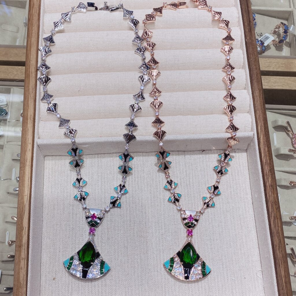 #N00639 Fan Shaped Simulated Emerald Enamel Jewelry Set, Vintage Multicolor Gemstone Cubic Zirconia Statement Necklace & Drop Earrings, Luxury Formal Bridal Banquet Jewelry for Women