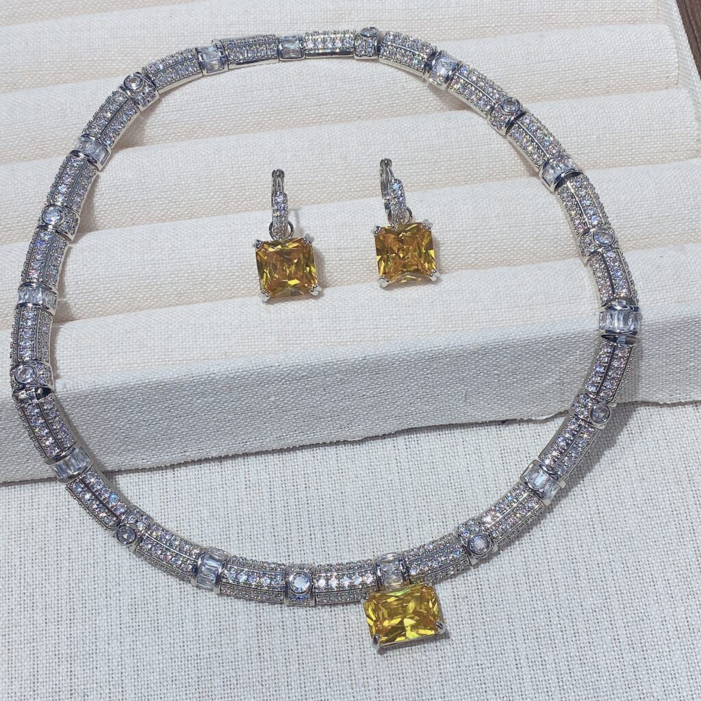 Women Premium Light‑Luxury Square Yellow High Carbon Diamond Pendant Necklace Full‑Set Heavy Inlaid Zircon Clavicle Chain Two‑Piece Jewelry Set