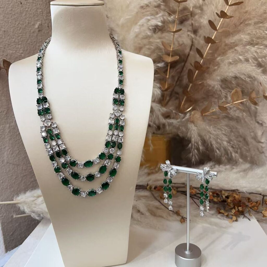 #N00494 Silver Tone Multi Layer Simulated Emerald Cubic Zirconia Jewelry Set, Multi Strand Green Gemstone Statement Necklace & Tassel Drop Earrings Luxury Formal Bridal Jewelry for Women